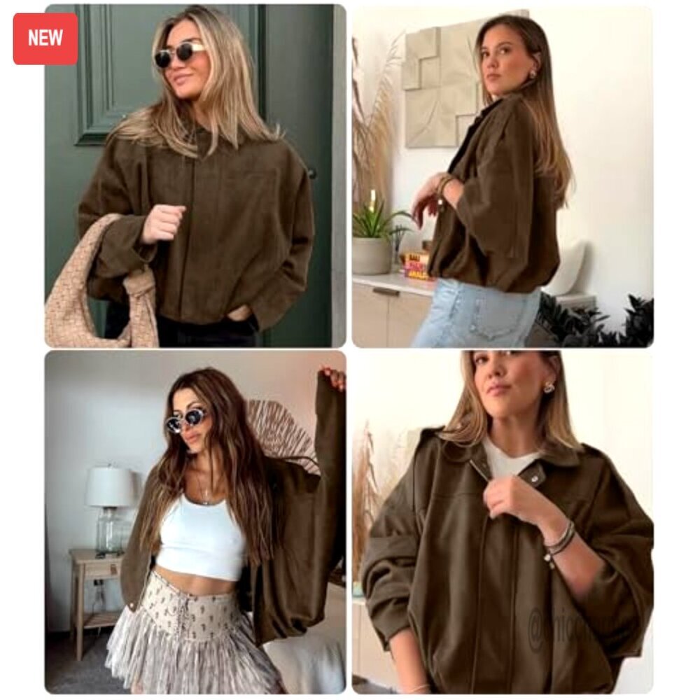 Faux Suede Bomber Jacket Oversized Cropped Lapel Motorcycle Style - Picture 6 of 7